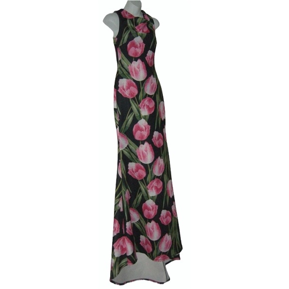 Va Va Voom Dress Long Tulip Flower Floral Cottagecore Long Black Pink Romantic M - Picture 3 of 16